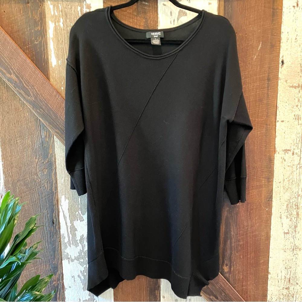 Womens Verve Ami Black Lightweight Woven Sweater Tunic w/Black Diagonal Lines